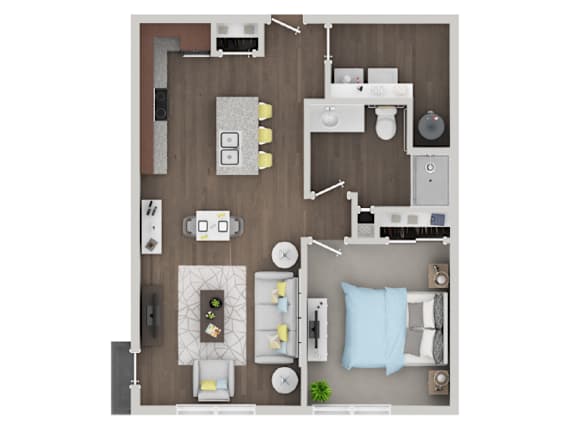 A top-down view of a small apartment with a kitchen, living room, and bedroom.