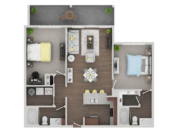A top-down view of a small apartment layout with a kitchen, living room, and bathroom.