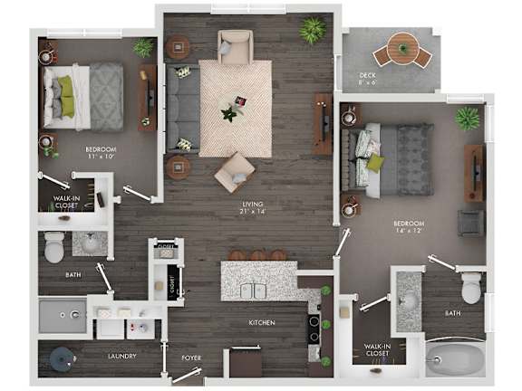 A floor plan of a house with a living room, kitchen, two bedrooms, a bathroom, and a laundry area.