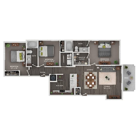 A floor plan of a house with two bedrooms, a living room, a kitchen, a dining room, a foyer, and a bathroom.