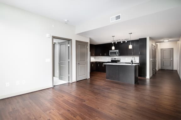 radius at the banks apartments living room and kitchen with dark wood inspired flooring