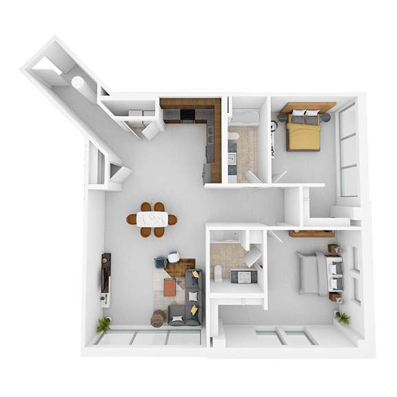 A white and wood kitchen with a dining table and chairs.