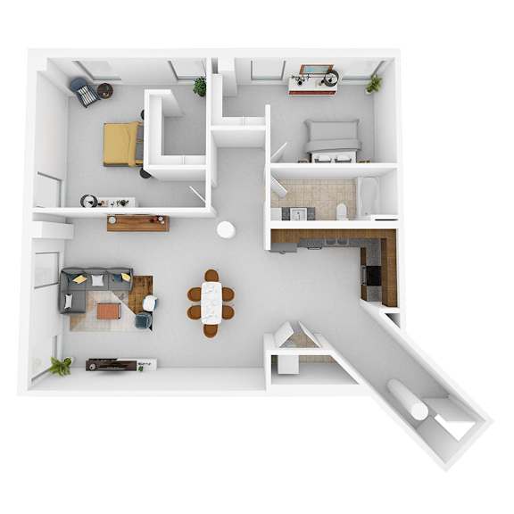 A white and wood floor plan of a small apartment with a kitchen, living room, and bedroom.