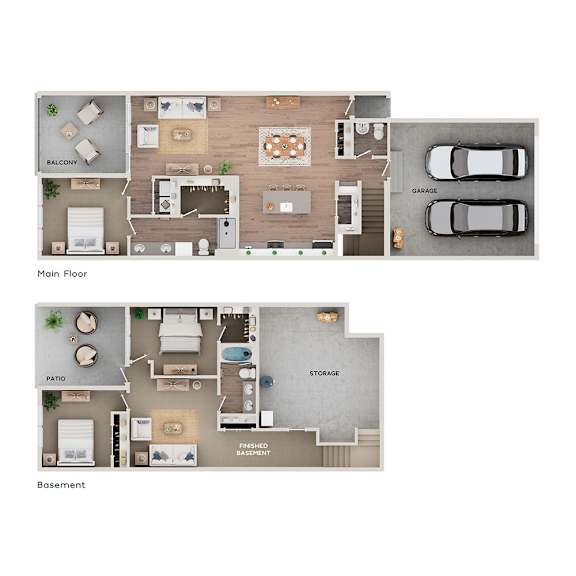 A floor plan of a house showing the main floor and basement layouts.