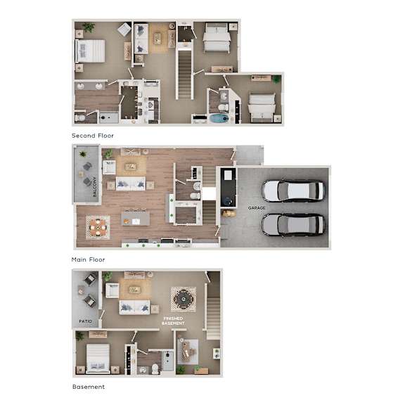 A floor plan of a house with a basement, main floor, and second floor.