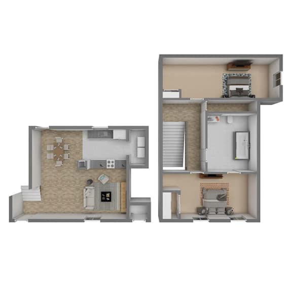 A floor plan of a two-story residential building with a kitchen, living room, bedrooms, and bathrooms.