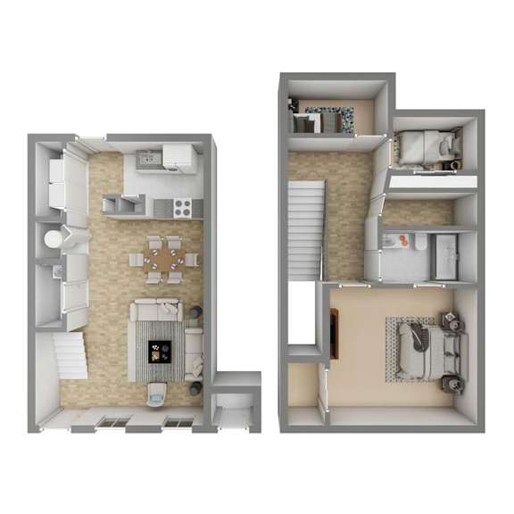 A 3D floor plan of a two-bedroom apartment.
