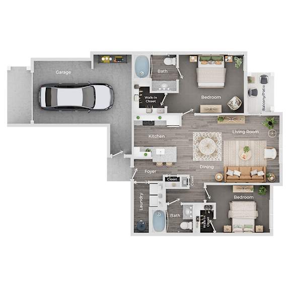 A floor plan of a house with a garage, two bedrooms, a living room, a kitchen, a dining room, a foyer, a bathroom, a laundry room, and a watch store.