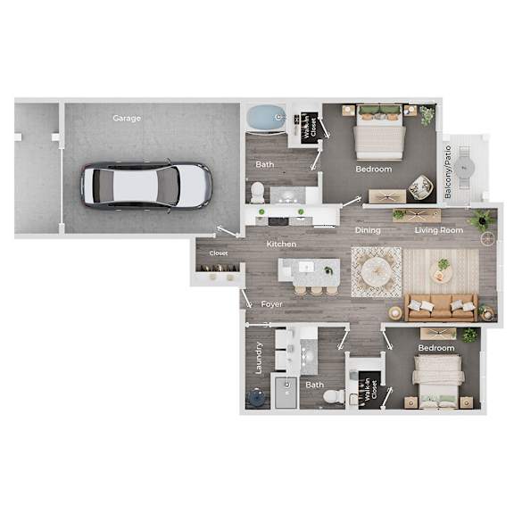 A floor plan of a house with a garage, two bedrooms, a living room, a dining room, a kitchen, a foyer, a bathroom, and a laundry room.