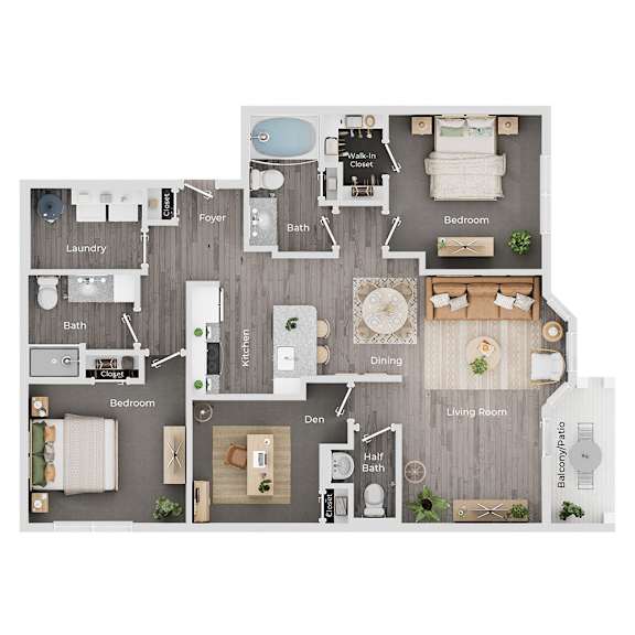 A floor plan of a house showing a living room, dining room, kitchen, two bedrooms, two bathrooms, a laundry room, and a balcony.