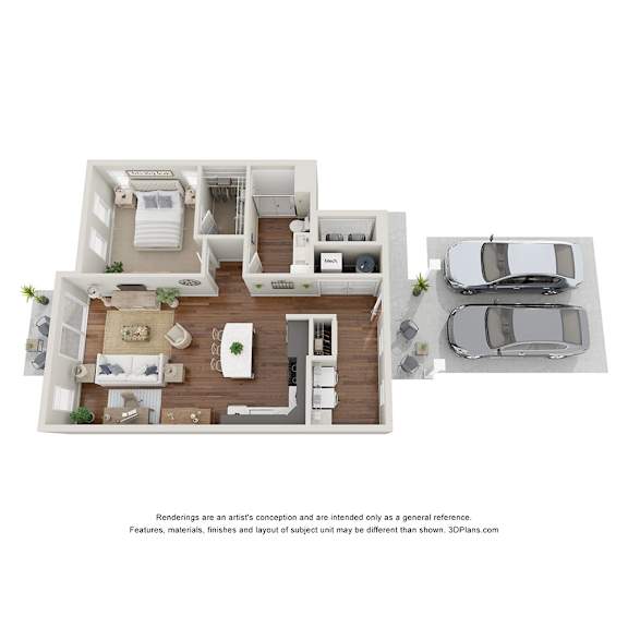 Floor Plan  A 3D floor plan of a house with a kitchen, living room, dining room, and two bedrooms.