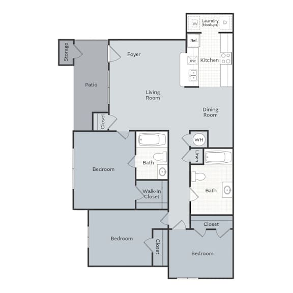 A floor plan of a house with labeled rooms such as Bedroom, Bath, Kitchen, and Living Room.
