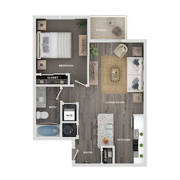 A floor plan of a house showing a bedroom, bathroom, living room, kitchen, and entry.
