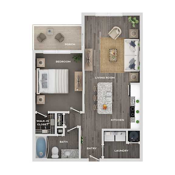 A floor plan of a house with a porch, bedroom, living room, kitchen, bath, entry, and laundry.