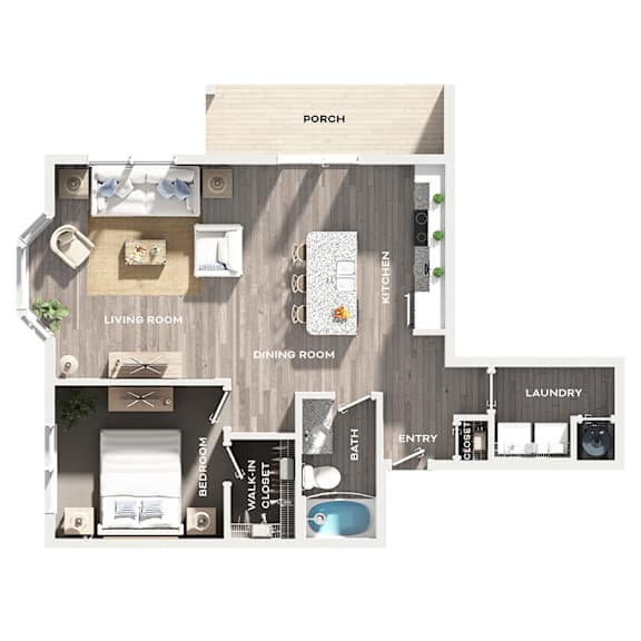 A floor plan of a house with a living room, dining room, kitchen, laundry, bathroom, and bedroom.
