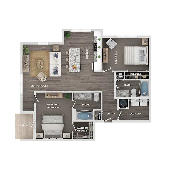 A floor plan of a house with a living room, kitchen, dining room, and bathrooms.