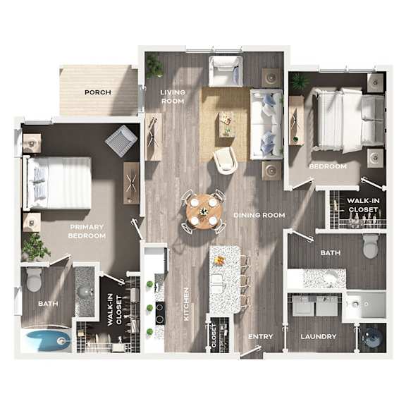 A floor plan of a house with a porch, living room, dining room, kitchen, and multiple bathrooms.