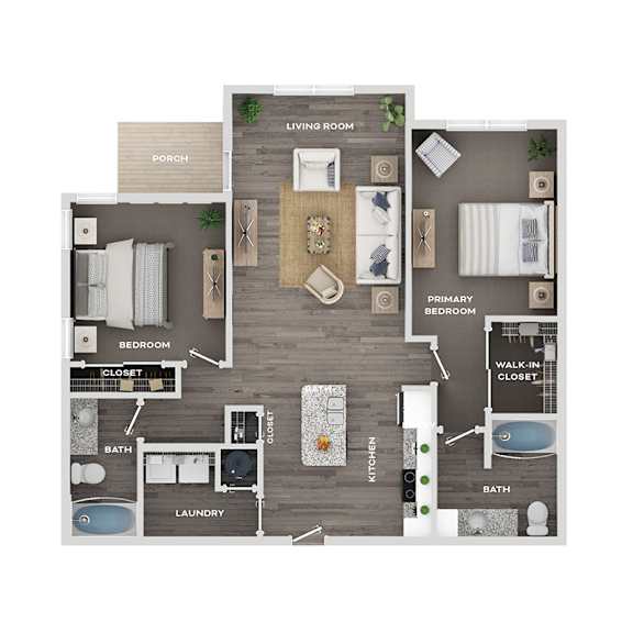 A floor plan of a house with a living room, two bedrooms, a bathroom, a laundry area, a kitchen, a porch, and a walk-in closet.