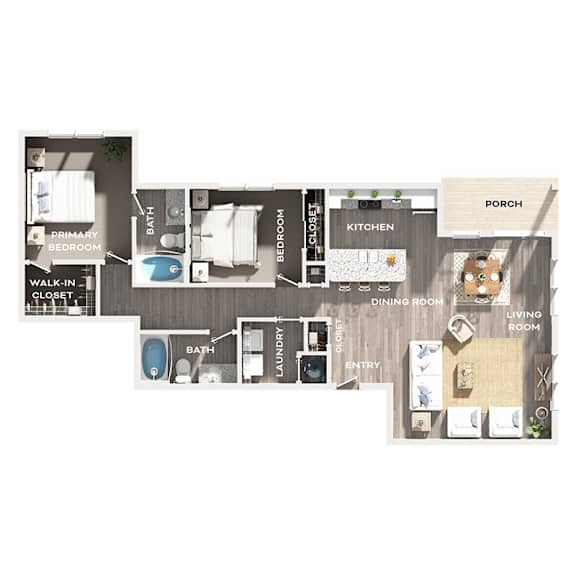 A floor plan of a house with a primary bedroom, bath, walk-in closet, kitchen, dining room, living room, and porch.