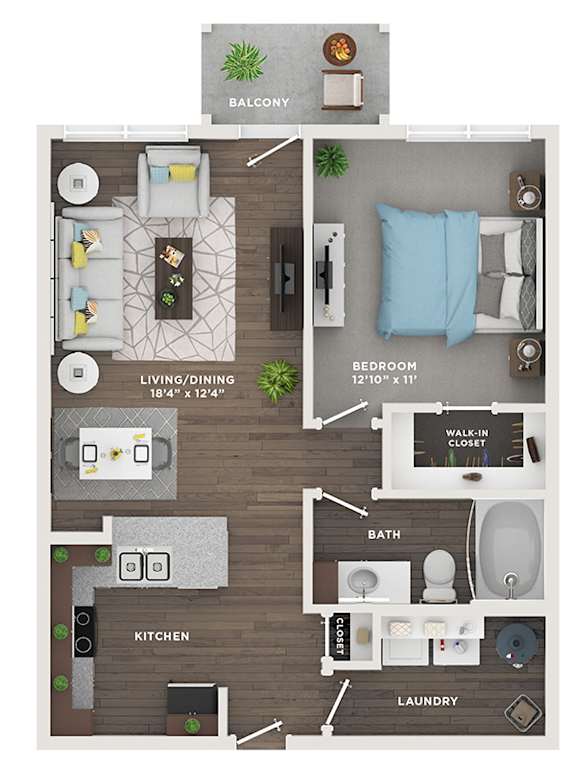 A floor plan of a one bedroom apartment with a living room, dining room, kitchen, bathroom, and laundry room.