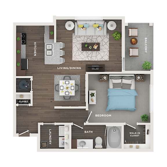 A floor plan of a small apartment with a living room, kitchen, bedroom, bathroom, and laundry area.