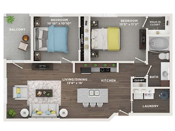 A floor plan of a small apartment with a balcony, two bedrooms, a living/dining area, kitchen, bathroom, and laundry room.
