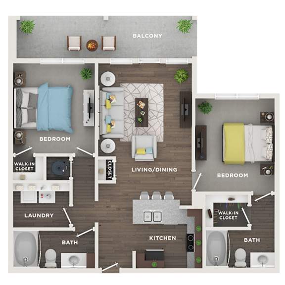 A floor plan of a small apartment with a living room, two bedrooms, a kitchen, a bathroom, and a laundry area.