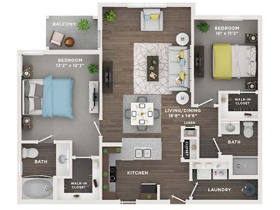 A floor plan of a two bedroom apartment with a living room, kitchen, and bathroom.