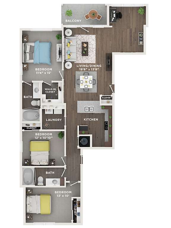 A floor plan of an apartment with three bedrooms, a living area, a kitchen, a laundry room, and a walk-in closet.