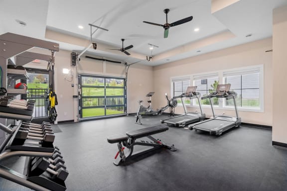 a gym with treadmills and weights and a window