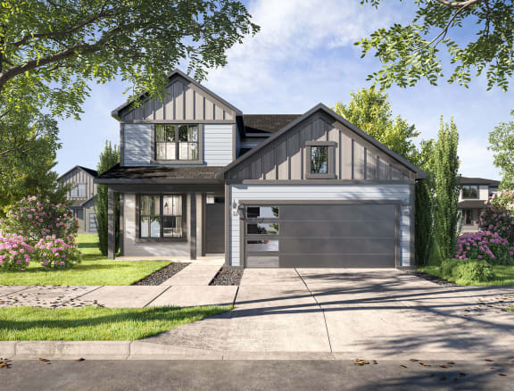 a home with a gray garage door