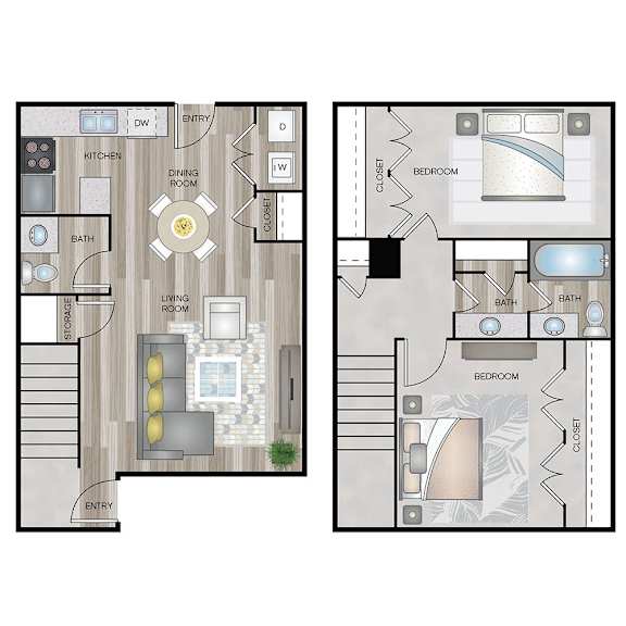 A floor plan of a two bedroom apartment with a living room, dining room, kitchen, and bathrooms.