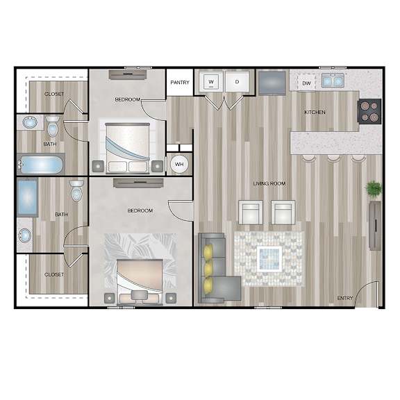 A floor plan of a house with labeled rooms such as bedroom, bath, pantry, and living room.