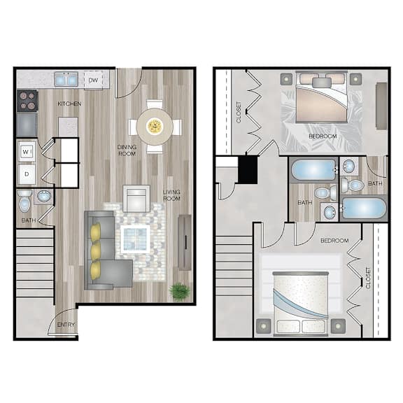 A floor plan of a two bedroom apartment with a living room, dining room, kitchen, and bathroom.
