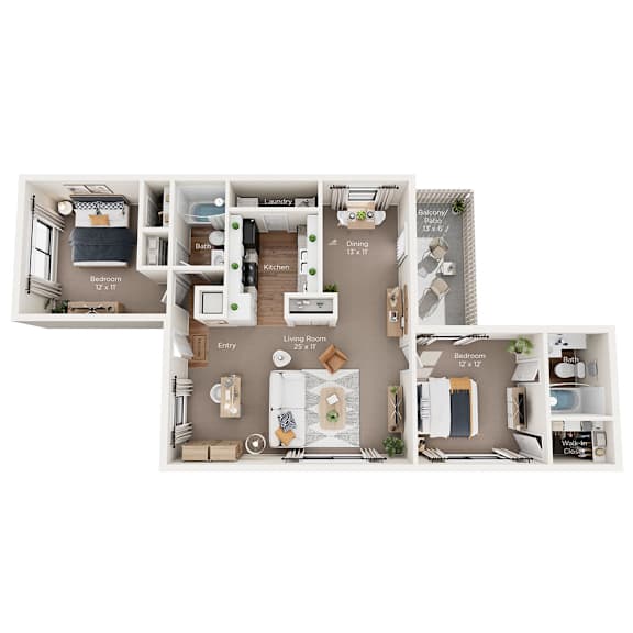 A floor plan of a living room, kitchen, and two bedrooms.