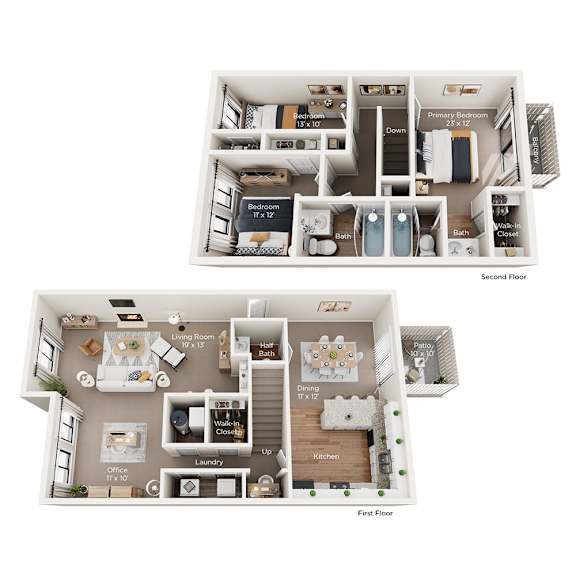 A diagram of a two-story house with labeled rooms.