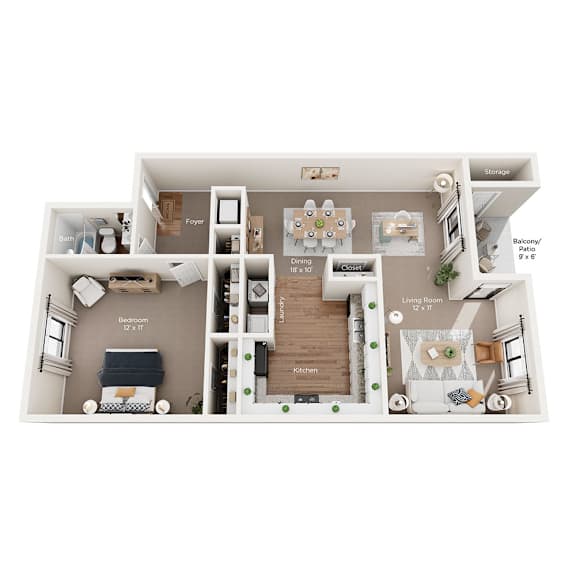 A floor plan of a home with a bedroom, bathroom, kitchen, dining room, and living room.