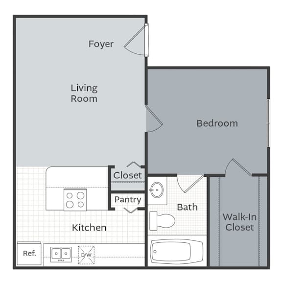 A floor plan of a small apartment with a living room, bedroom, kitchen, and bathroom.