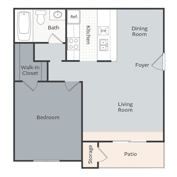 A floor plan of a home showing a bedroom, bathroom, kitchen, dining room, living room, and patio.