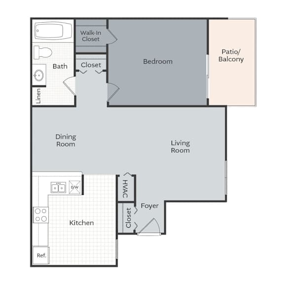 A floor plan of a house with a living room, dining room, kitchen, bedroom, and bathroom.