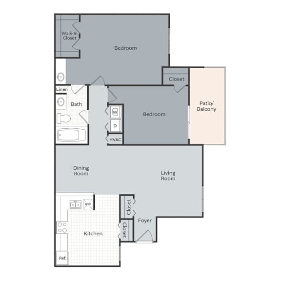 A floor plan of a house with a living room, dining room, kitchen, and two bedrooms.