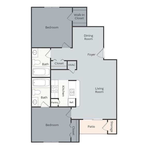 A floor plan of a house with two bedrooms, a living room, a dining room, a kitchen, a bathroom, a pantry, a walk-in closet, an HVAC unit, a fireplace, and a