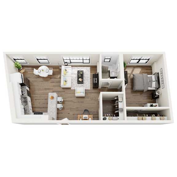 A top-down view of a well-organized apartment with a kitchen, living room, and bedroom.