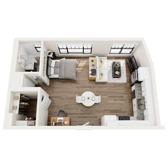 A top-down view of a modern living room with a grey sofa, a coffee table, and a TV.