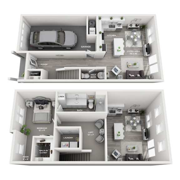 A floor plan of a two-story home with a garage, living room, kitchen, and multiple bathrooms.