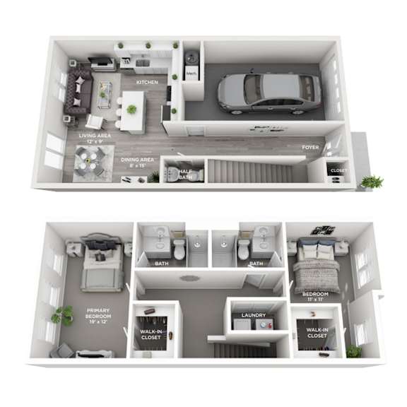 A floor plan of a two-bedroom apartment with a living area, kitchen, dining area, and bathroom.