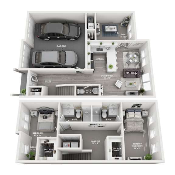 A diagram of a two-story apartment layout with labeled rooms.