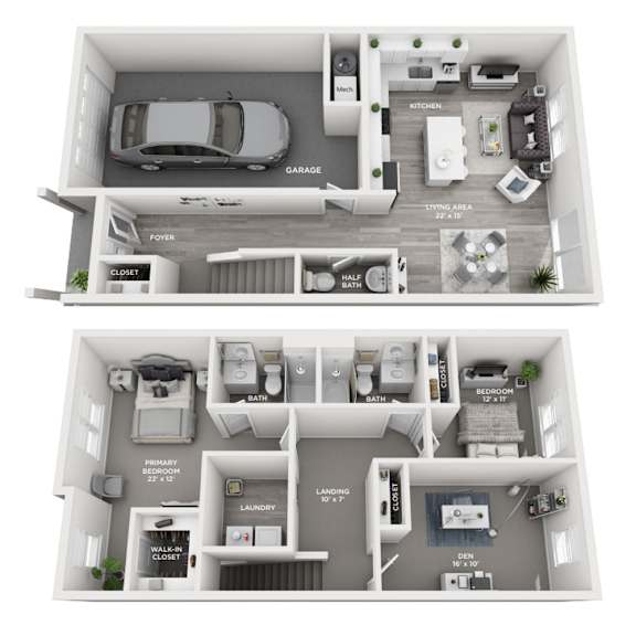 A floor plan of a two-story apartment with a garage and a living area on the first floor and two bedrooms on the second floor.