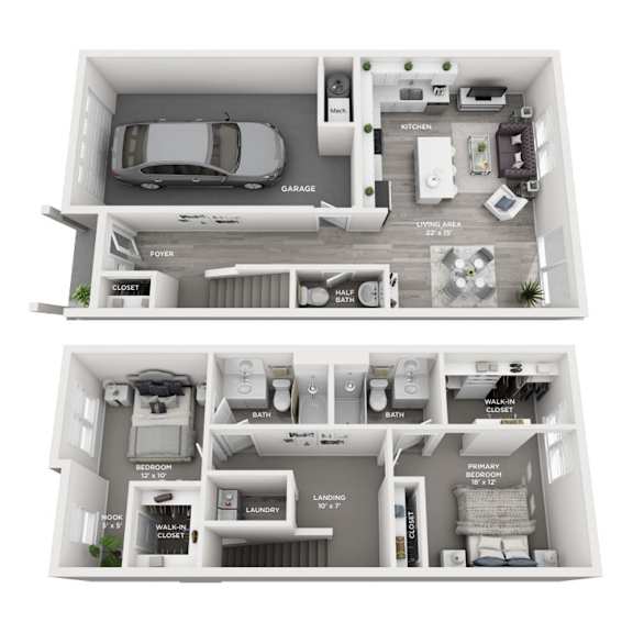 A floor plan of a two-bedroom apartment with a garage.