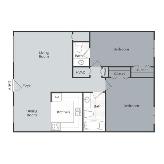 Floor Plan  A floor plan of a home with a living room, dining room, kitchen, and two bedrooms.